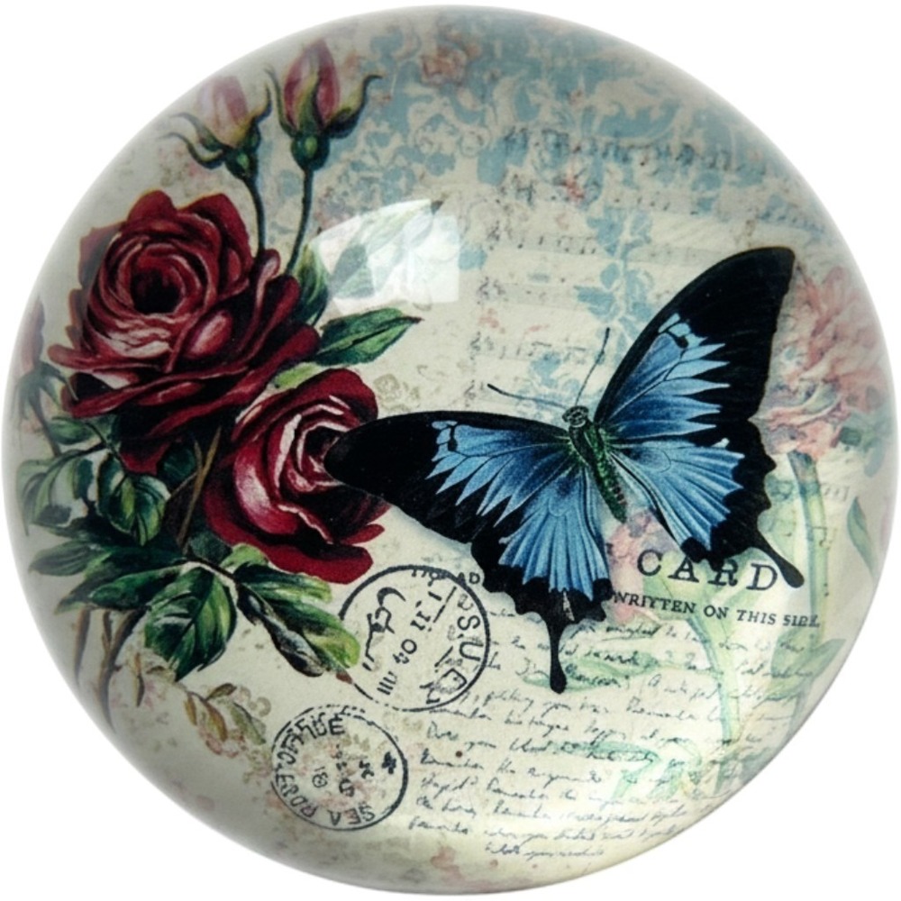 Blue Butterfly and Rose Paperweight — Decorative Home Office Accent
